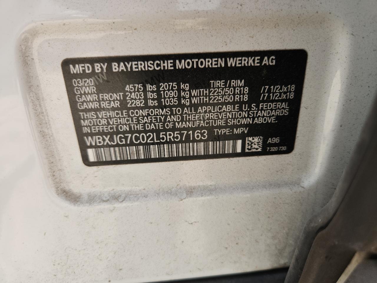 2020 BMW X1 Sdrive28I VIN: WBXJG7C02L5R57163 Lot: 62609315