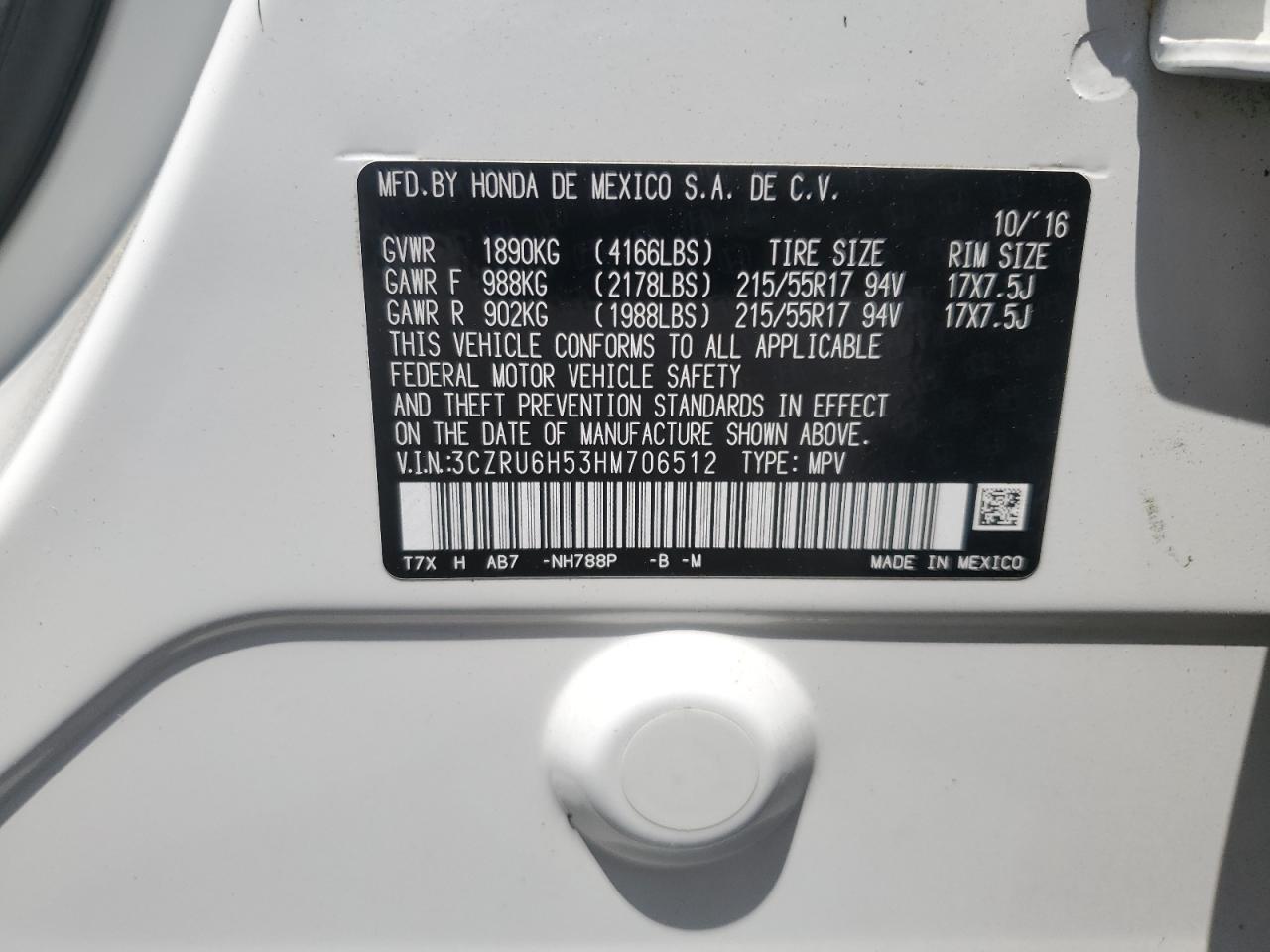 2017 Honda Hr-V Ex VIN: 3CZRU6H53HM706512 Lot: 64205825