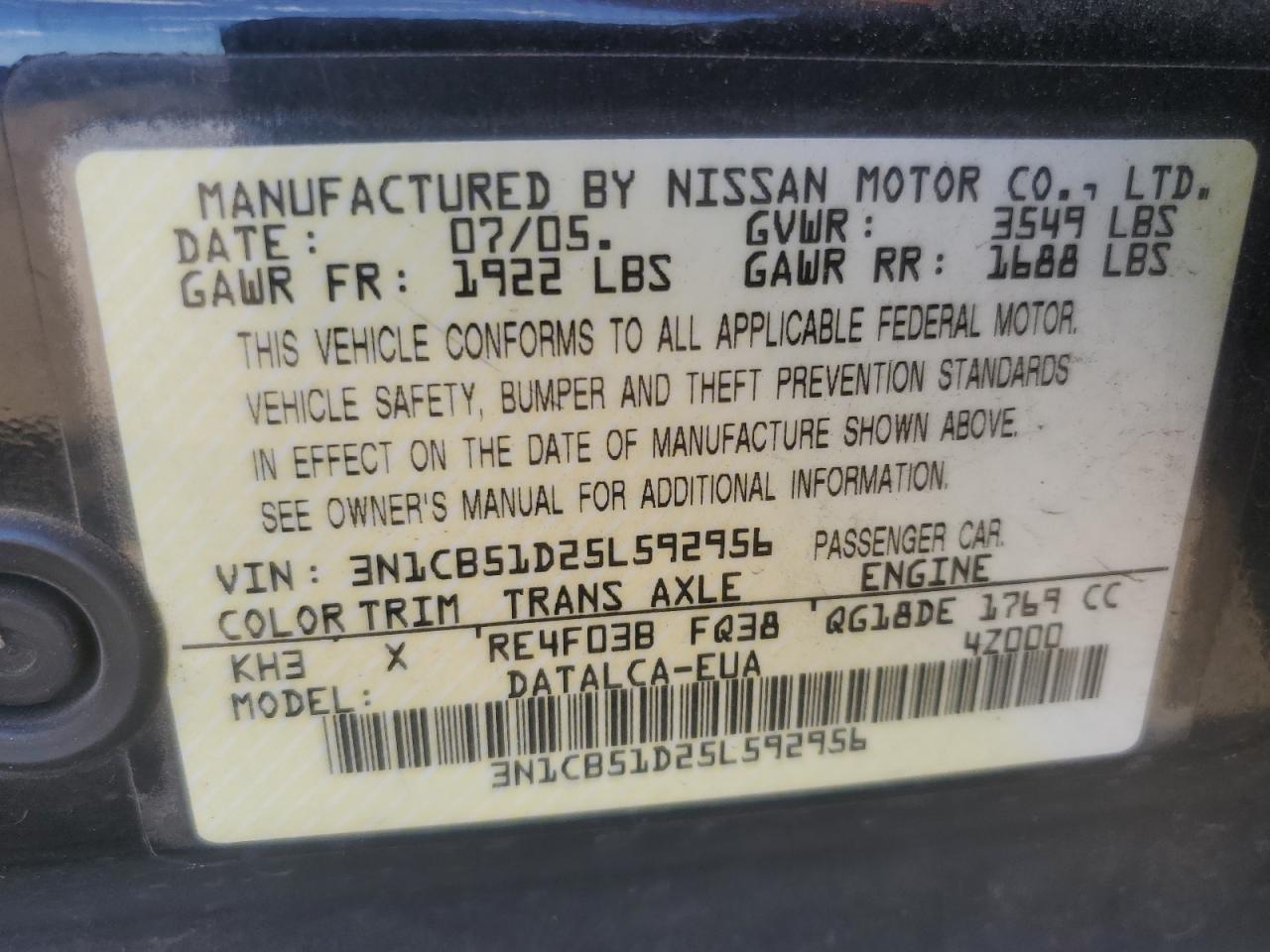 2005 Nissan Sentra 1.8 VIN: 3N1CB51D25L592956 Lot: 63861275