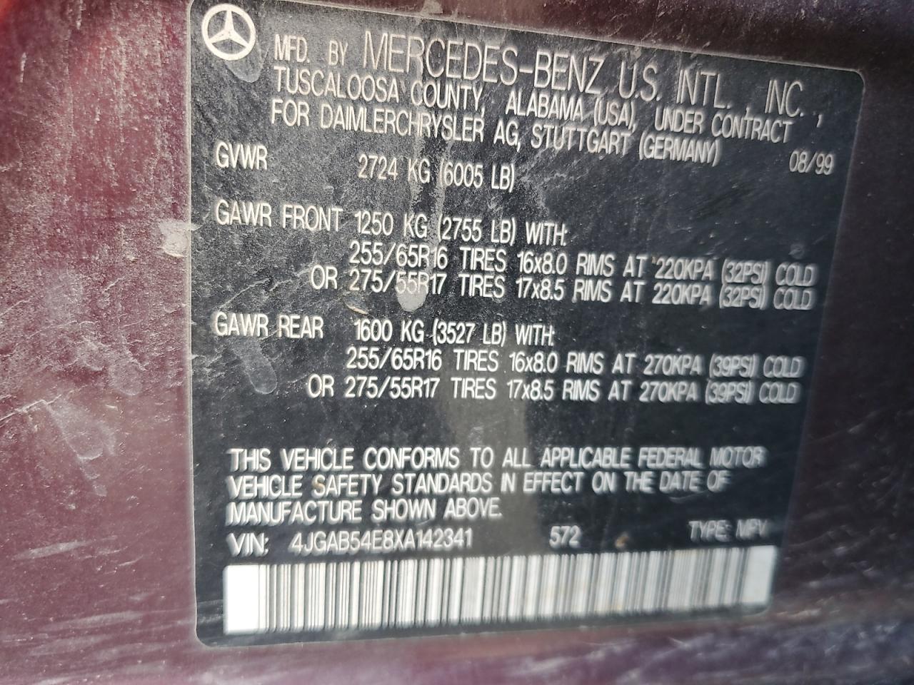 1999 Mercedes-Benz Ml 320 VIN: 4JGAB54E8XA142341 Lot: 63270945
