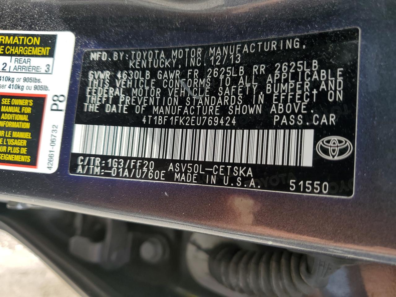 2014 Toyota Camry L VIN: 4T1BF1FK2EU769424 Lot: 64854635