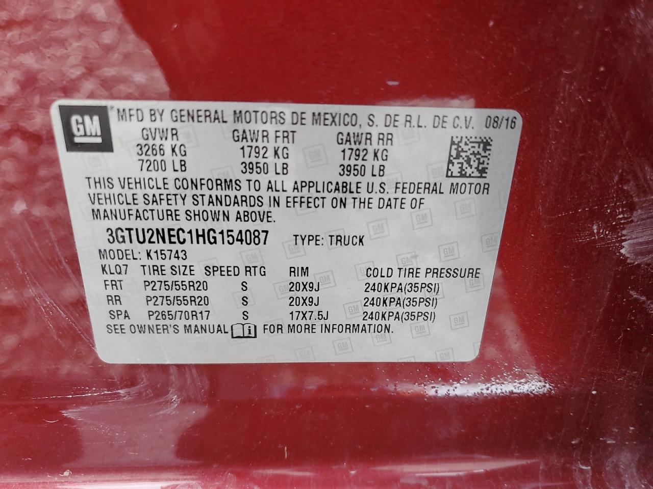 2017 GMC Sierra K1500 Slt VIN: 3GTU2NEC1HG154087 Lot: 64223015