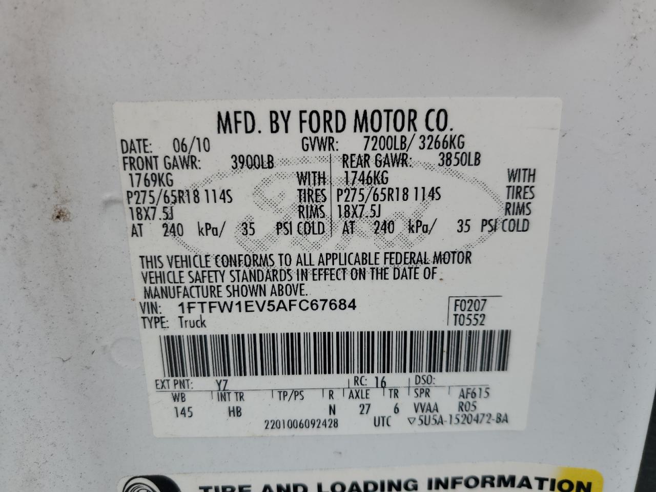 2010 Ford F150 Supercrew VIN: 1FTFW1EV5AFC67684 Lot: 64853545