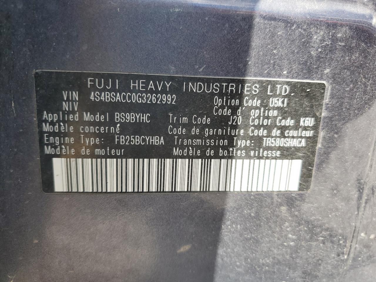 2016 Subaru Outback 2.5I Premium VIN: 4S4BSACC0G3262992 Lot: 66213385