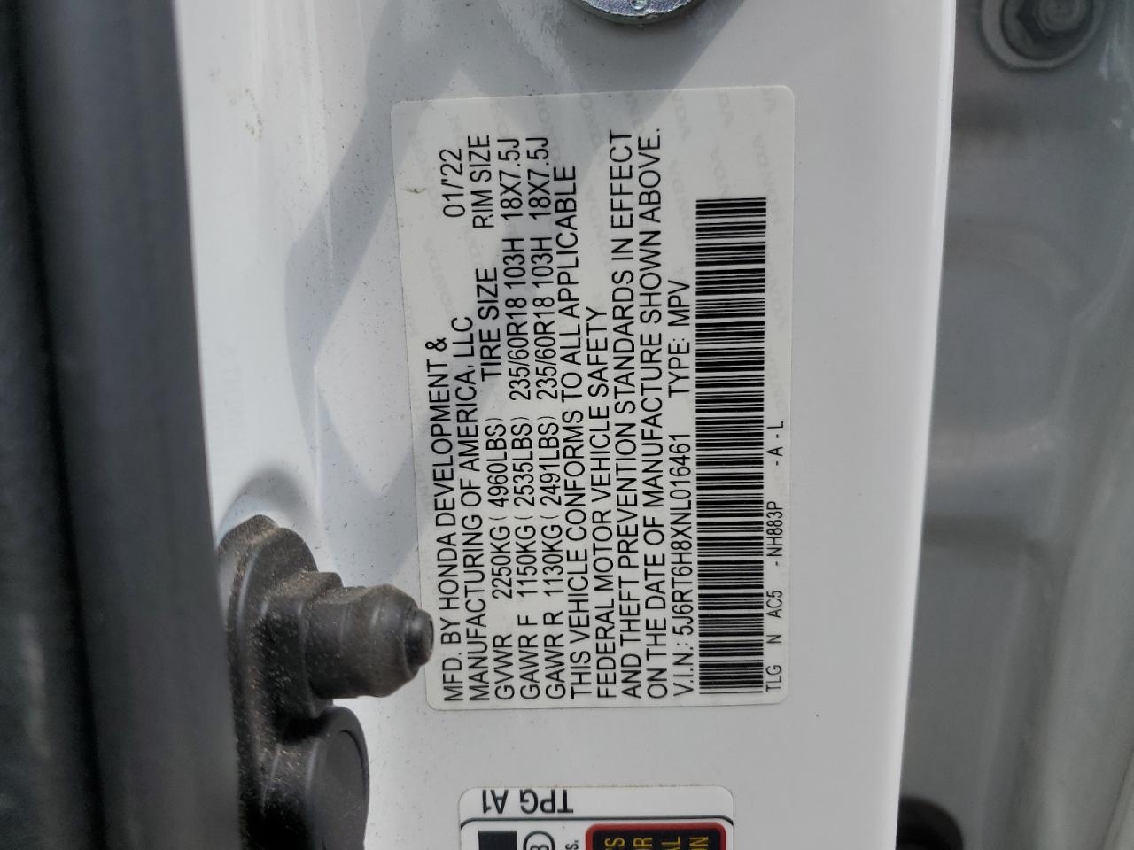 2022 Honda Cr-V Exl VIN: 5J6RT6H8XNL016461 Lot: 65345065