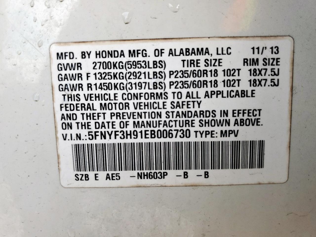 2014 Honda Pilot Touring VIN: 5FNYF3H91EB006730 Lot: 65288605