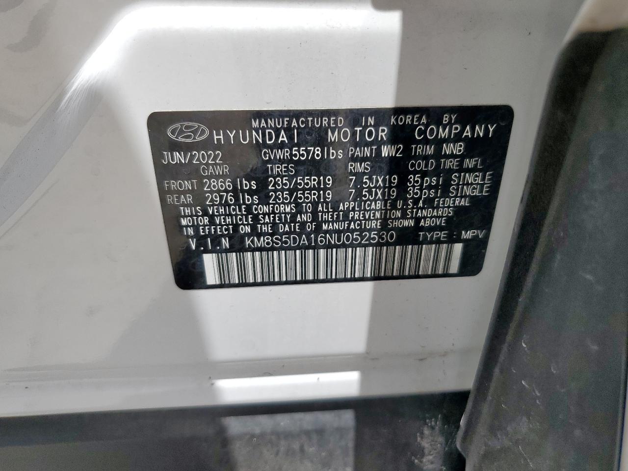 2022 Hyundai Santa Fe Limited VIN: KM8S5DA16NU052530 Lot: 64458945