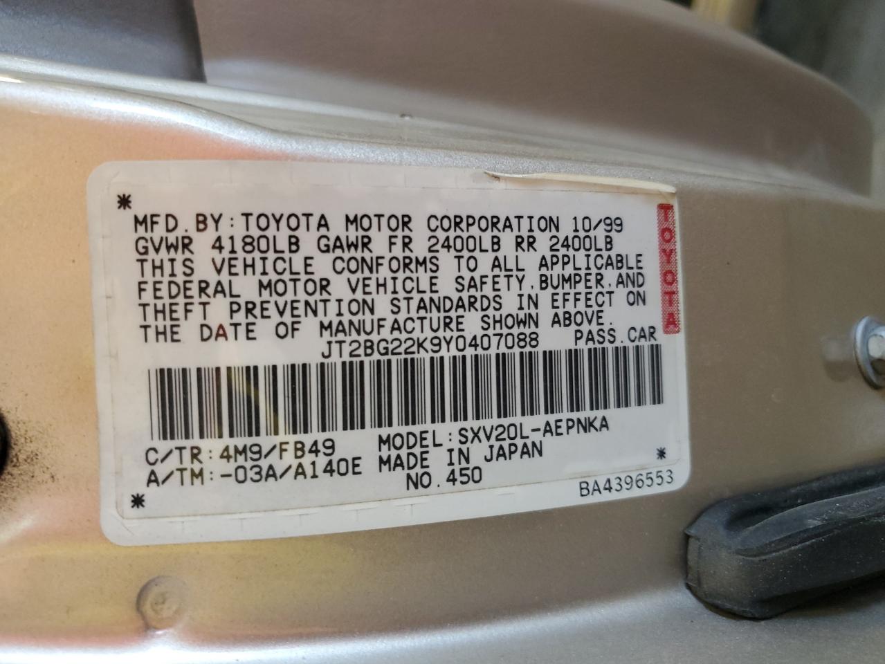 2000 Toyota Camry Ce VIN: JT2BG22K9Y0407088 Lot: 65289905