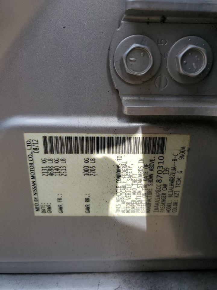 2012 Nissan Maxima S VIN: 1N4AA5AP8CC870310 Lot: 62993065