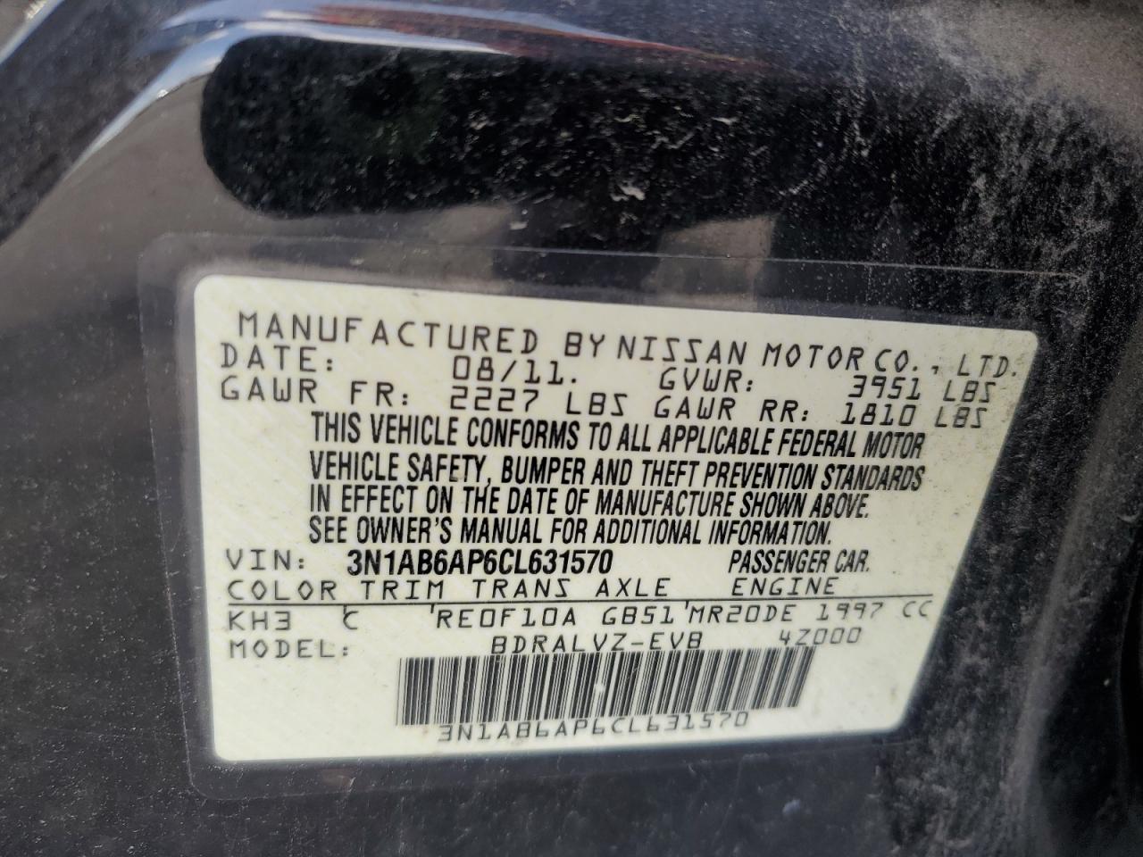 2012 Nissan Sentra 2.0 VIN: 3N1AB6AP6CL631570 Lot: 65336495