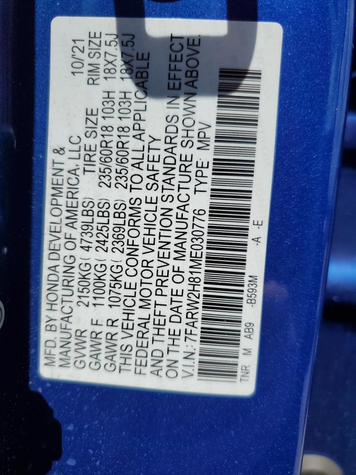 2021 Honda Cr-V Exl VIN: 7FARW2H81ME030776 Lot: 62794175