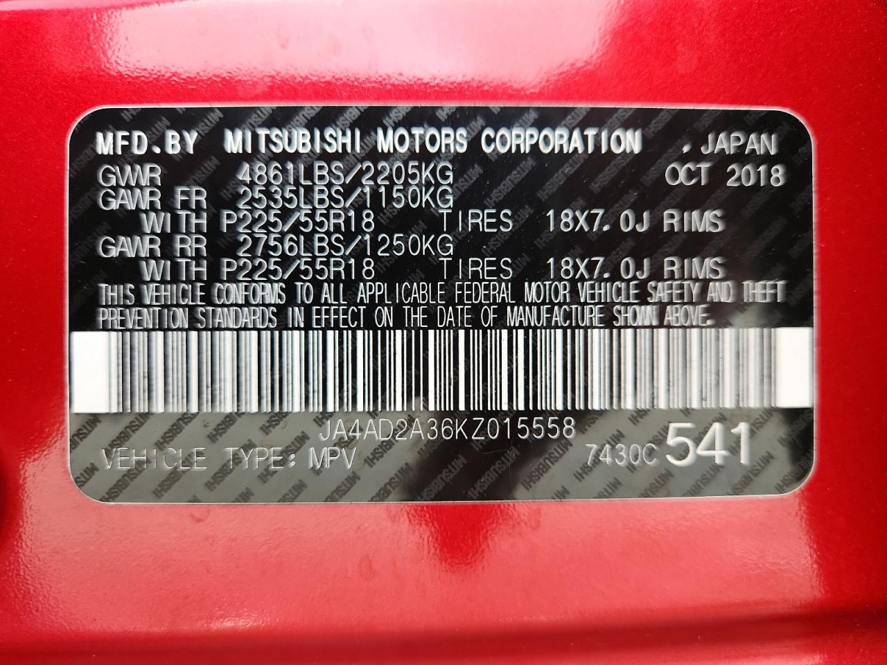 2019 Mitsubishi Outlander Es VIN: JA4AD2A36KZ015558 Lot: 63805505