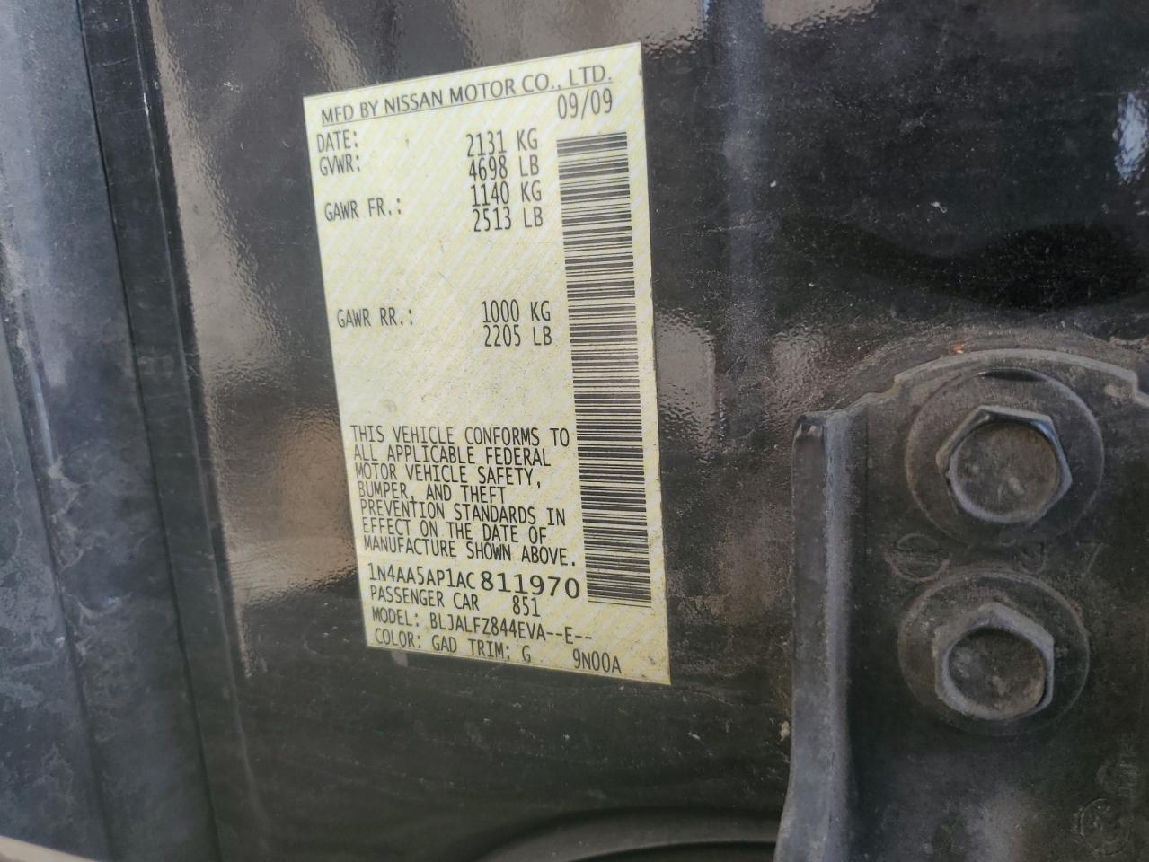 2010 Nissan Maxima S VIN: 1N4AA5AP1AC811970 Lot: 64245545