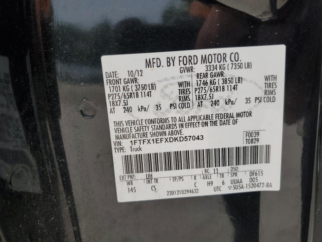 2013 Ford F150 Super Cab VIN: 1FTFX1EFXDKD57043 Lot: 67001245