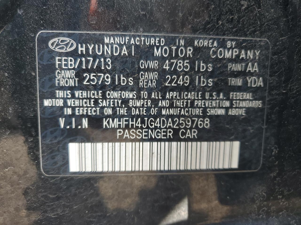 2013 Hyundai Azera Gls VIN: KMHFH4JG4DA259768 Lot: 64929555