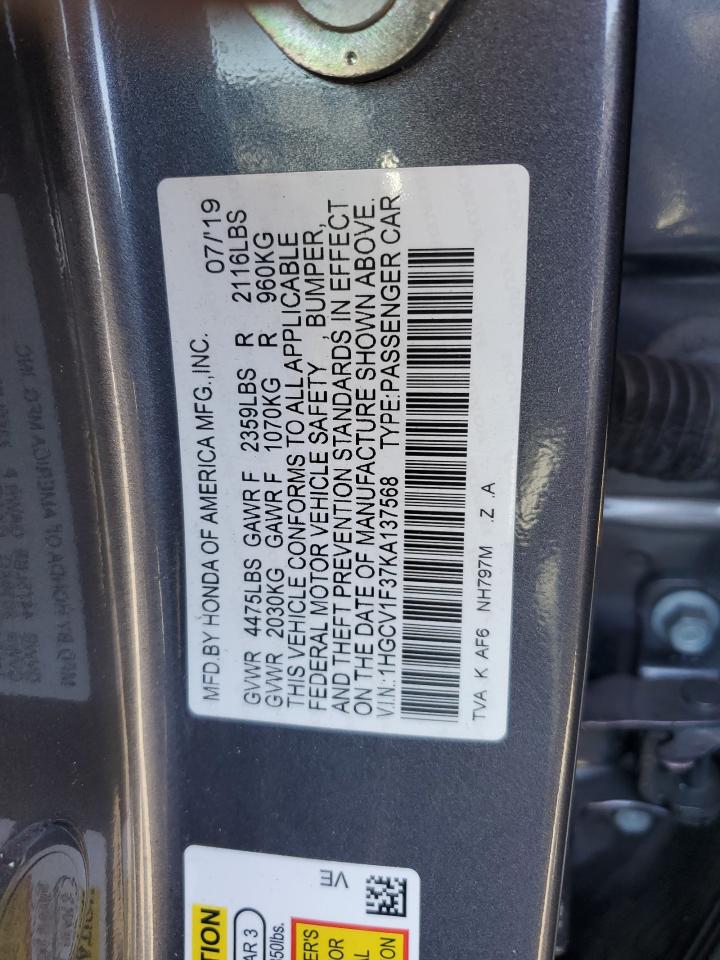2019 Honda Accord Sport VIN: 1HGCV1F37KA137568 Lot: 64145005