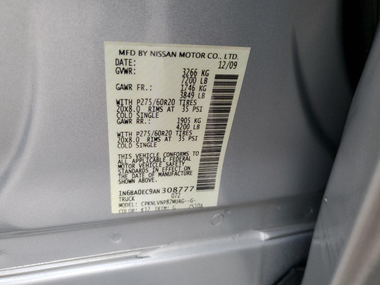 2010 Nissan Titan Xe VIN: 1N6BA0EC9AN308777 Lot: 66732025