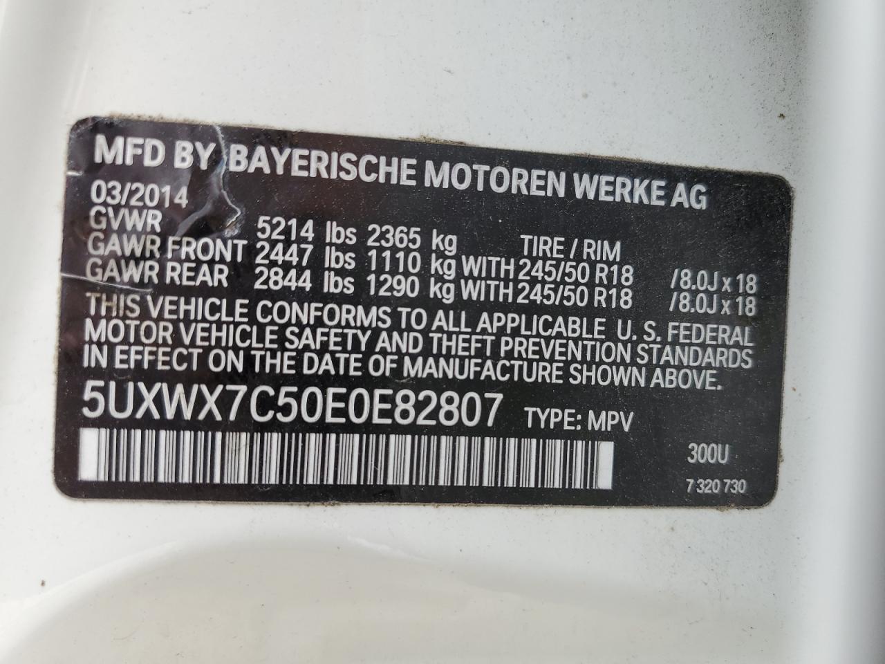 2014 BMW X3 xDrive35I VIN: 5UXWX7C50E0E82807 Lot: 64504145