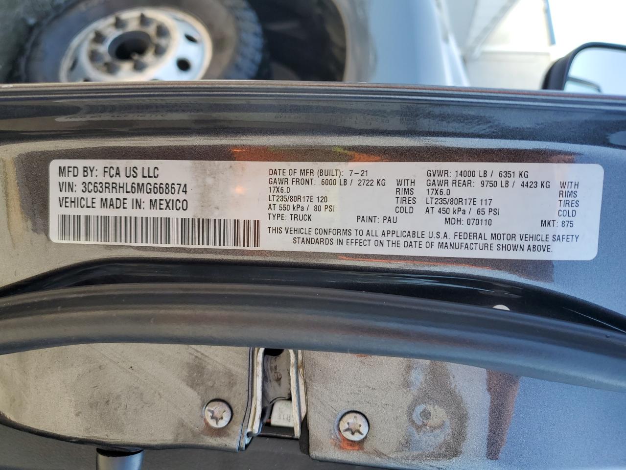 2021 Ram 3500 Big Horn Crew C VIN: 3C63RRHL6MG668674 Lot: 65208025