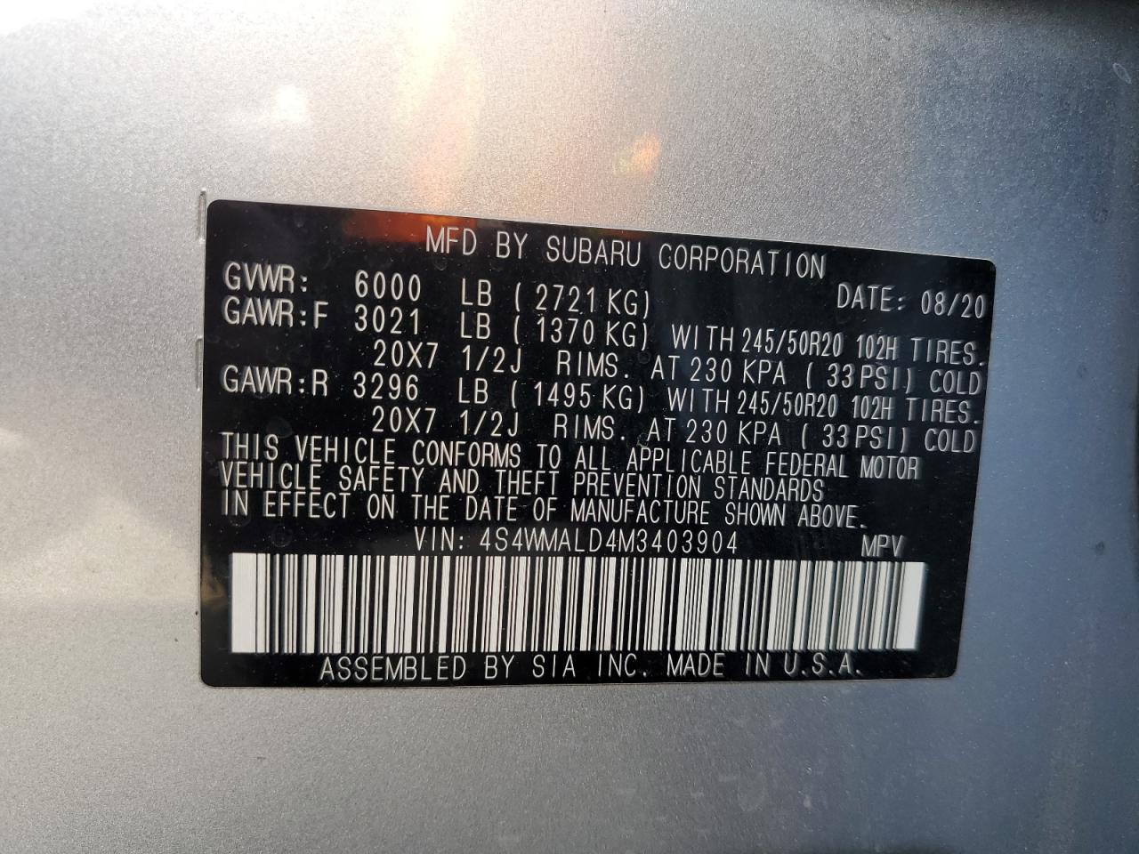 2021 Subaru Ascent Limited VIN: 4S4WMALD4M3403904 Lot: 64671275