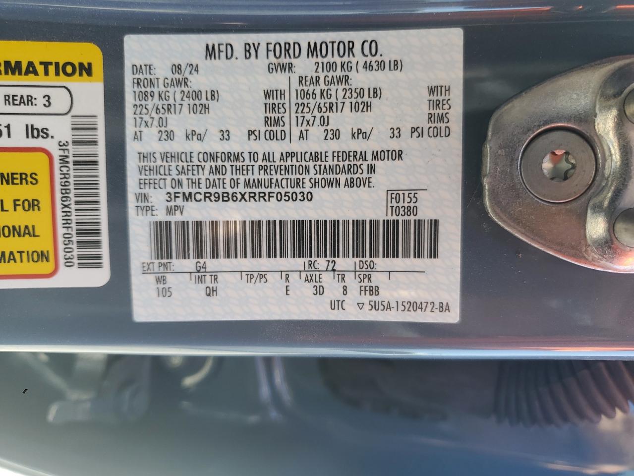 2024 Ford Bronco Sport Big Bend VIN: 3FMCR9B6XRRF05030 Lot: 63350175