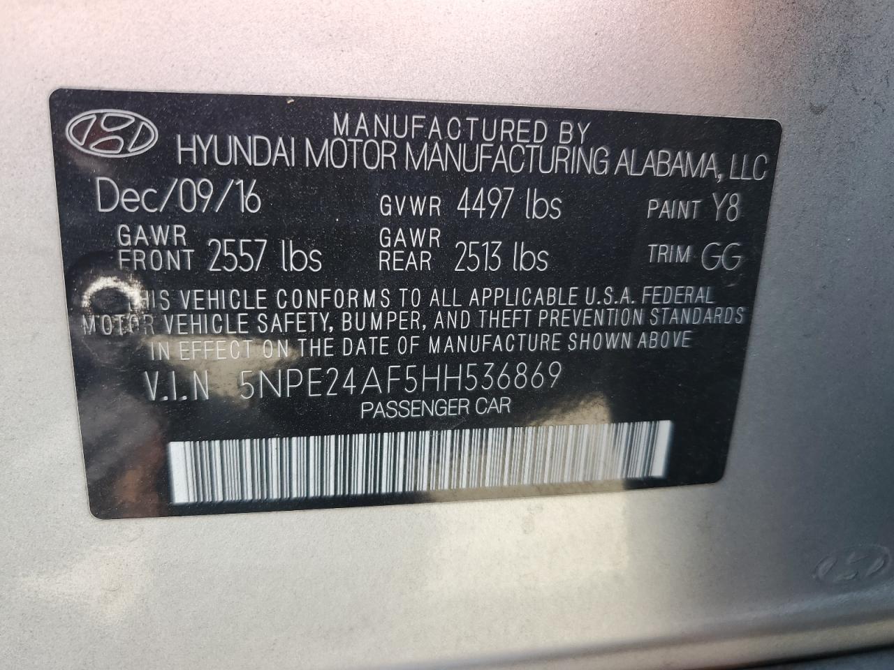 2017 Hyundai Sonata Se VIN: 5NPE24AF5HH536869 Lot: 63246945