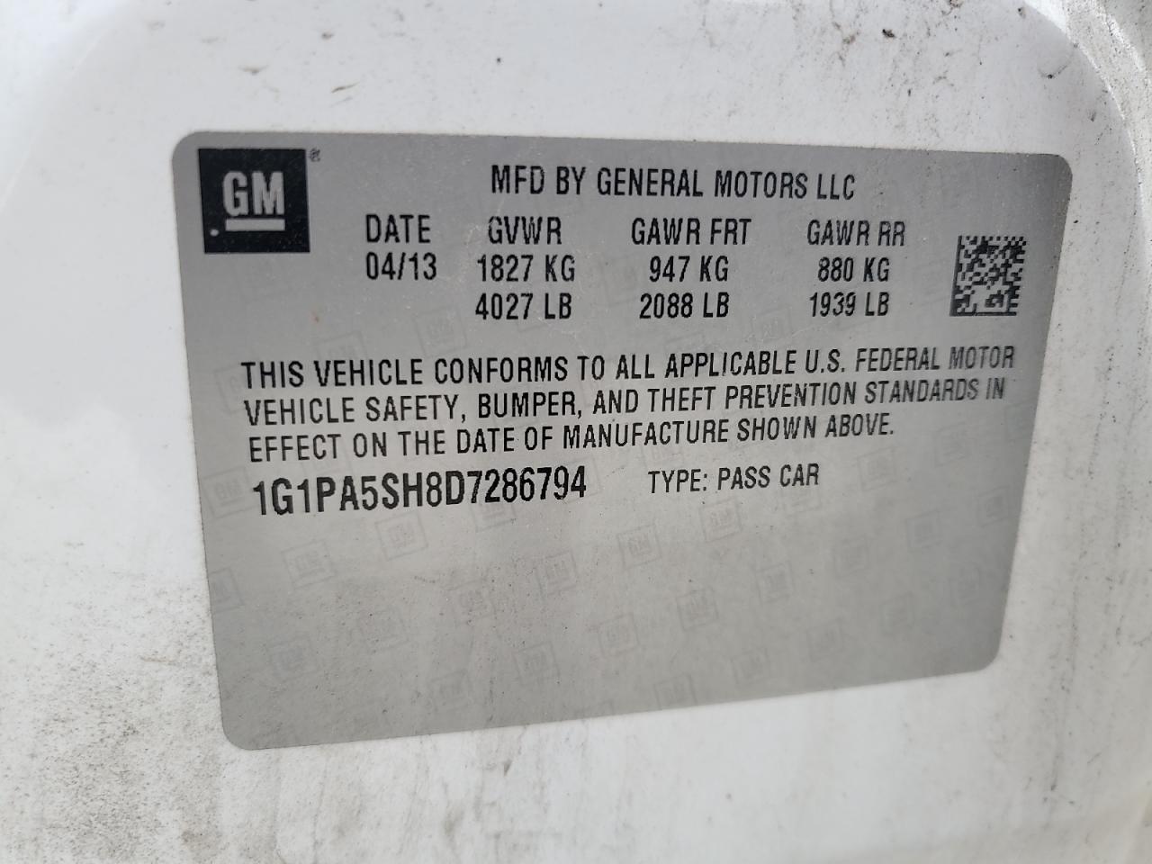 2013 Chevrolet Cruze Ls VIN: 1G1PA5SH8D7286794 Lot: 64021905