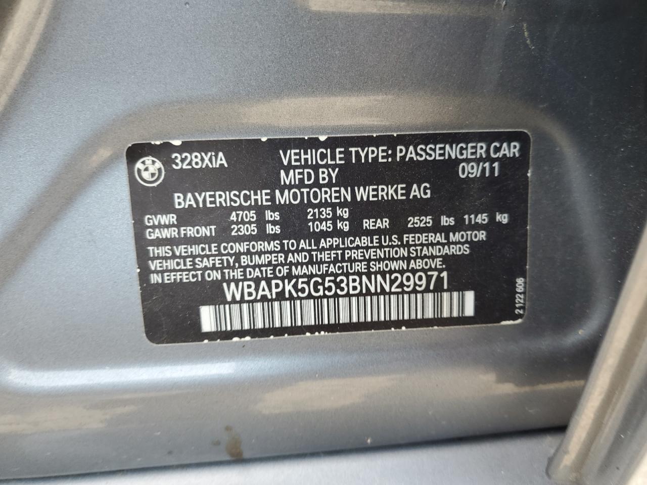 2011 BMW 328 Xi Sulev VIN: WBAPK5G53BNN29971 Lot: 64880125
