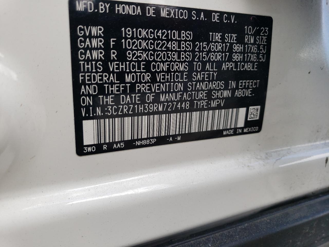 3czrz1h39rm727448 3CZRZ1H39RM727448 2024 Honda Hr-V Lx