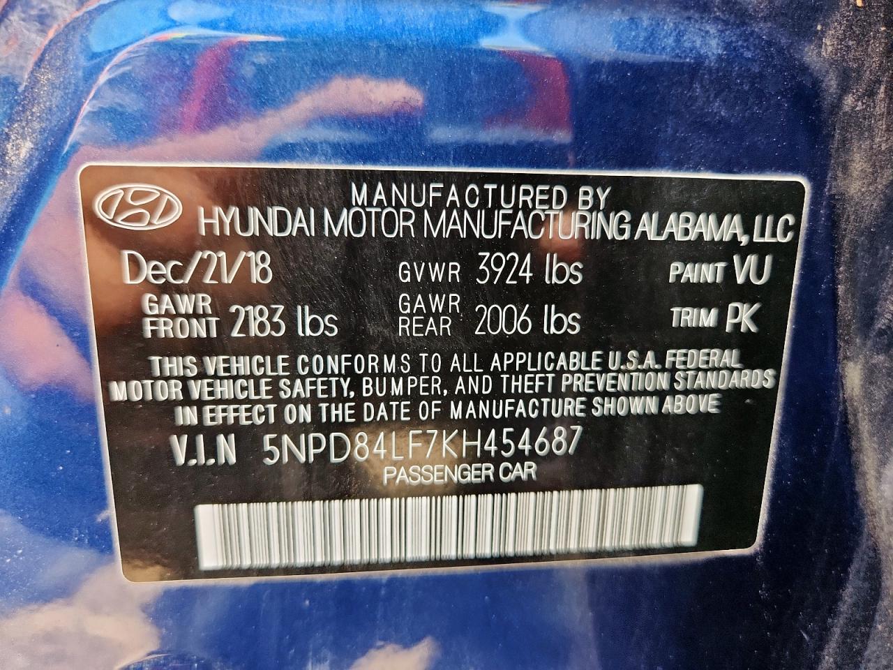 2019 Hyundai Elantra Sel VIN: 5NPD84LF7KH454687 Lot: 64589695