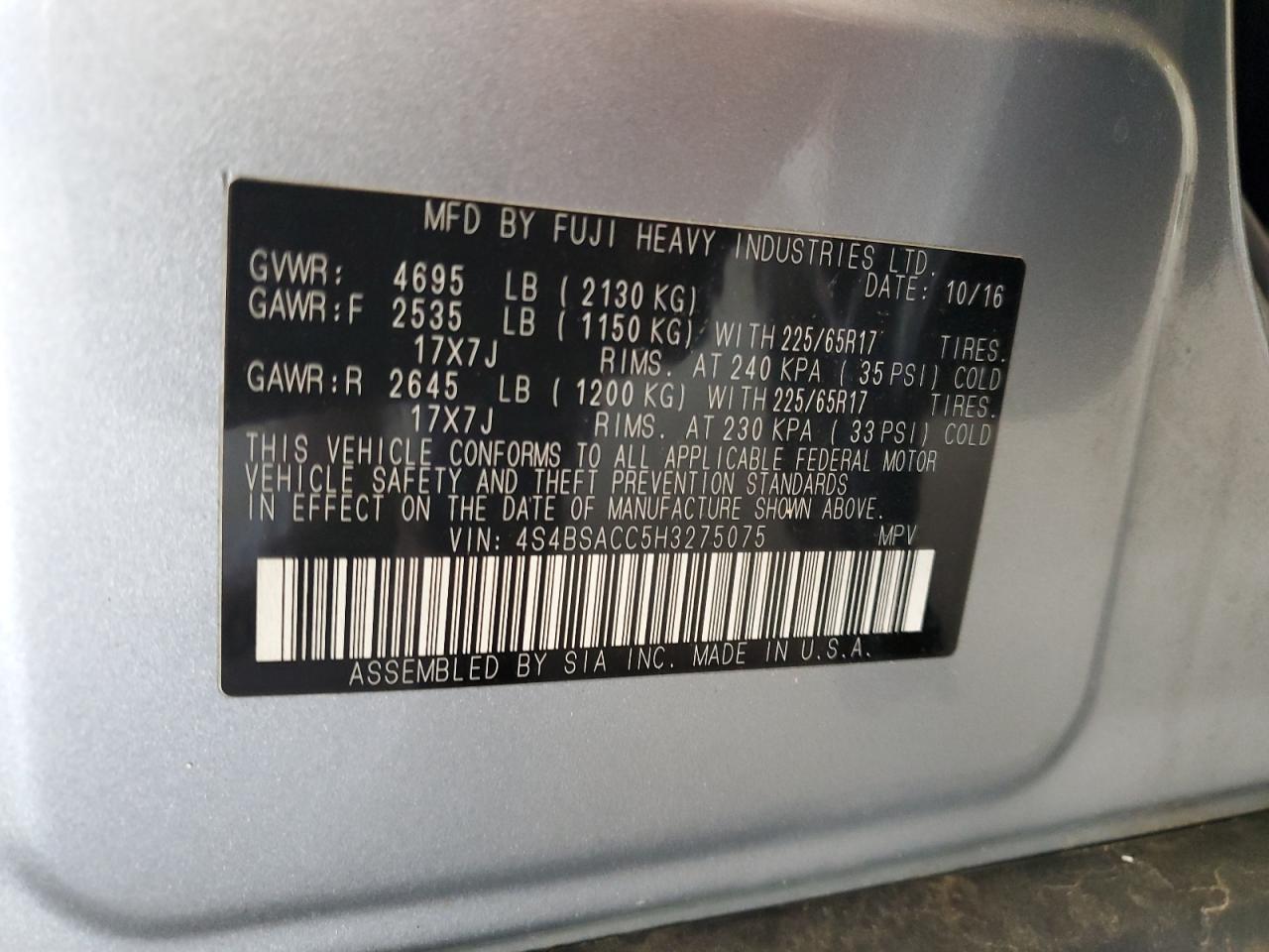 2017 Subaru Outback 2.5I Premium VIN: 4S4BSACC5H3275075 Lot: 65292445