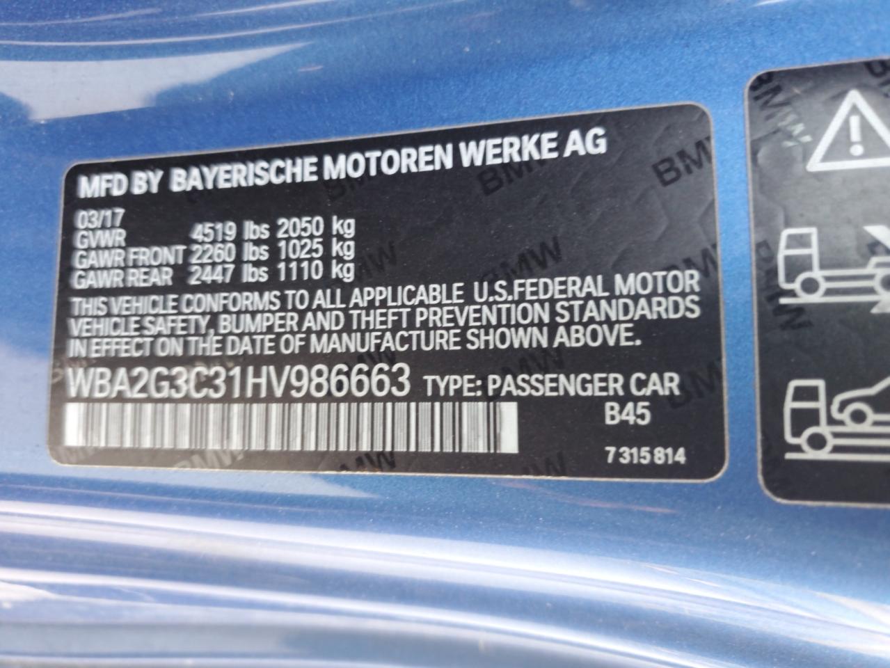 2017 BMW M240Xi VIN: WBA2G3C31HV986663 Lot: 62654615