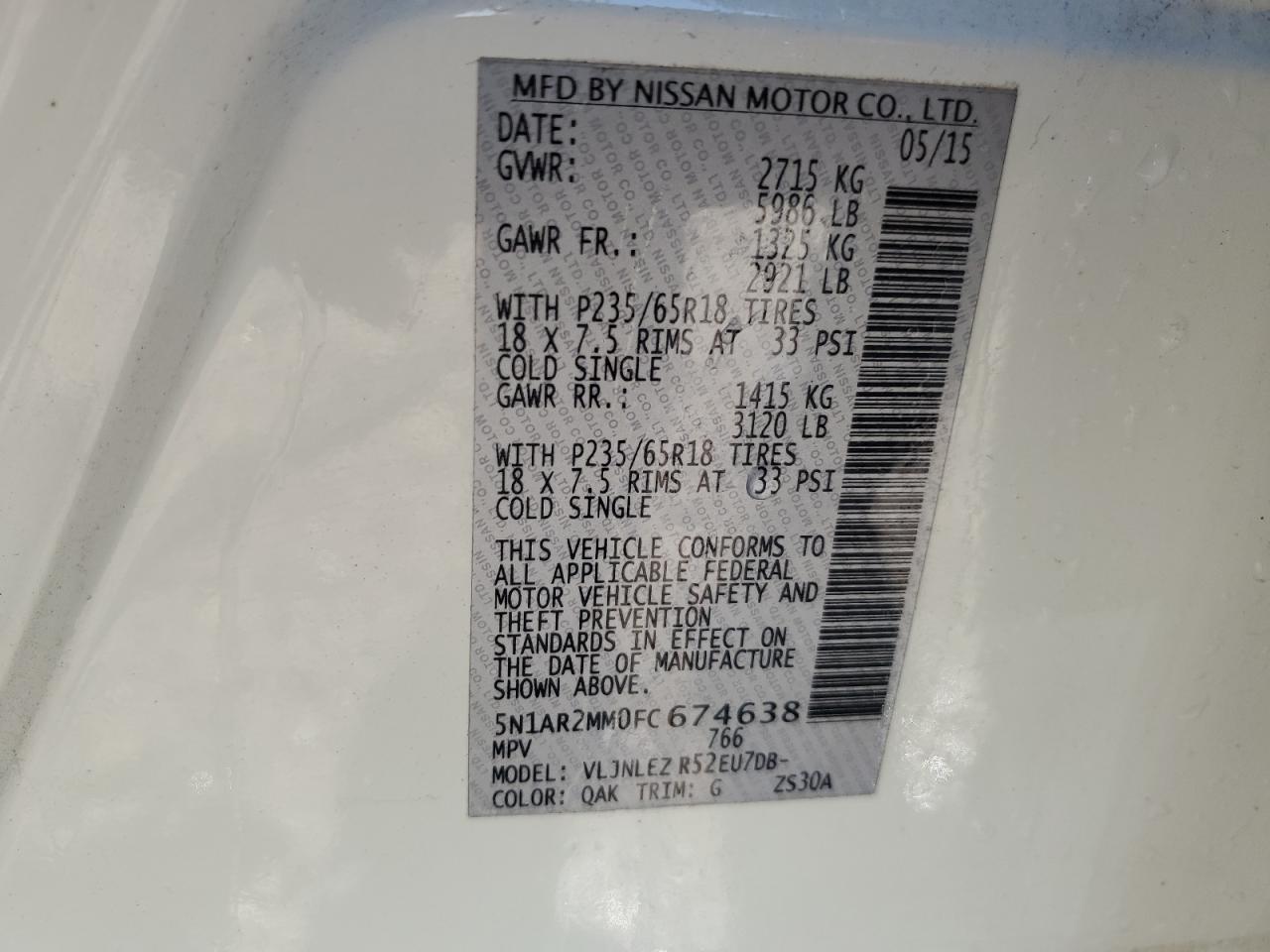 2015 Nissan Pathfinder S VIN: 5N1AR2MM0FC674638 Lot: 64074615