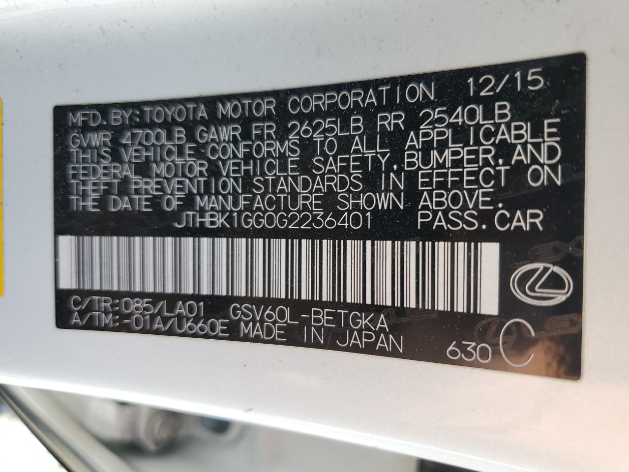 2016 Lexus Es 350 VIN: JTHBK1GG0G2236401 Lot: 62906395