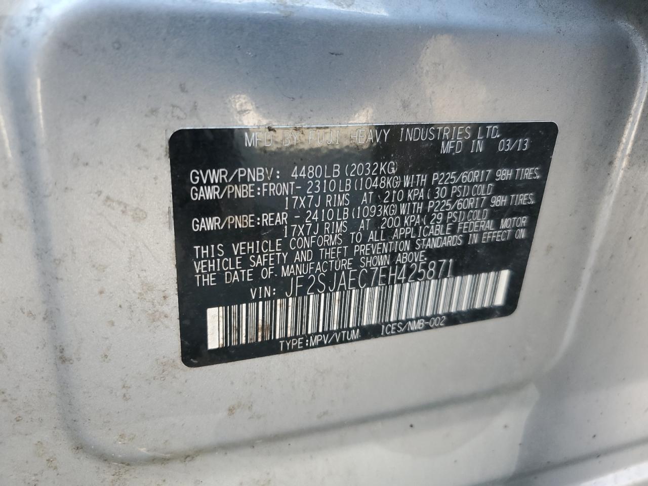 2014 Subaru Forester 2.5I Premium VIN: JF2SJAEC7EH425871 Lot: 64375435