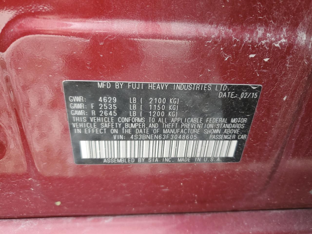 2015 Subaru Legacy 3.6R Limited VIN: 4S3BNEN63F3048605 Lot: 64089595