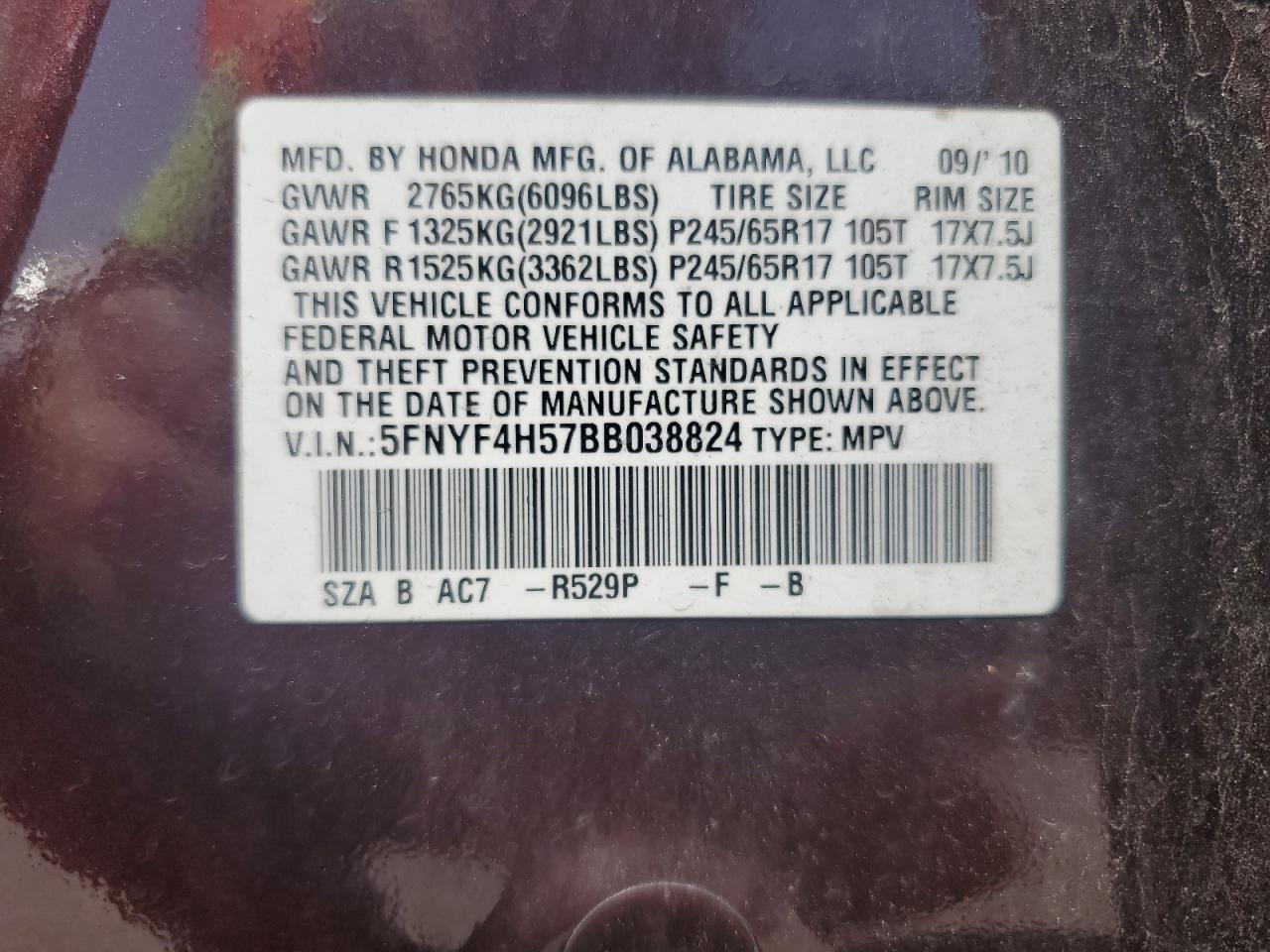 2011 Honda Pilot Exl VIN: 5FNYF4H57BB038824 Lot: 65346145