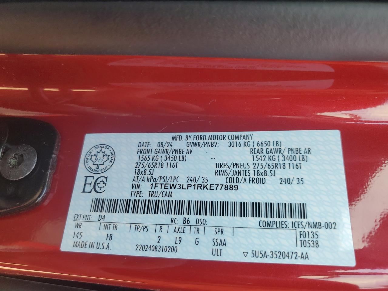 2024 Ford F150 Xlt VIN: 1FTEW3LP1RKE77889 Lot: 62721225