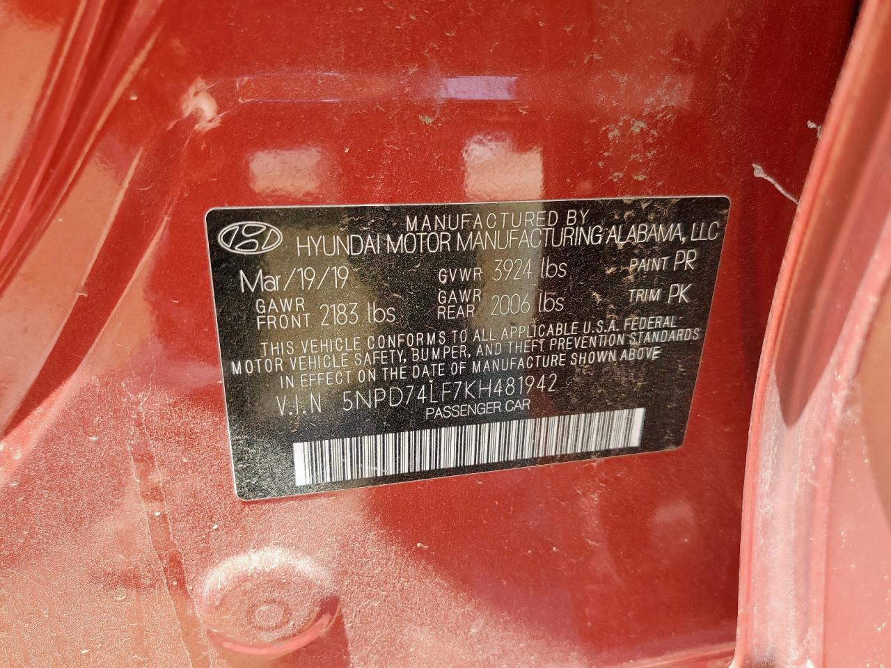 2019 Hyundai Elantra Se VIN: 5NPD74LF7KH481942 Lot: 64681575