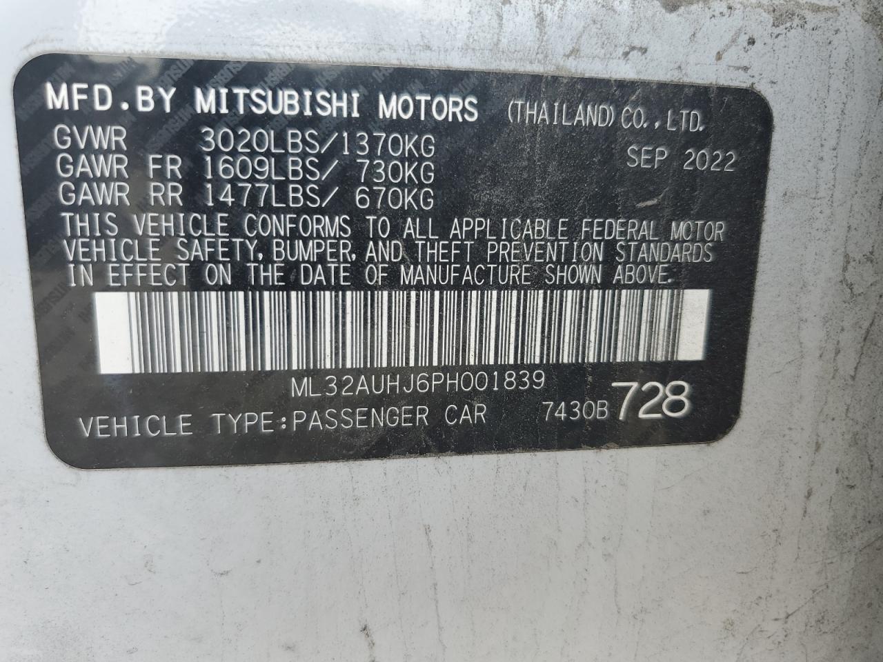 2023 Mitsubishi Mirage Es VIN: ML32AUHJ6PH001839 Lot: 63667045