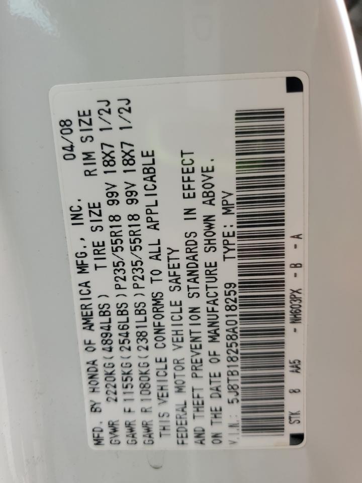 2008 Acura Rdx VIN: 5J8TB18258A018259 Lot: 64965895
