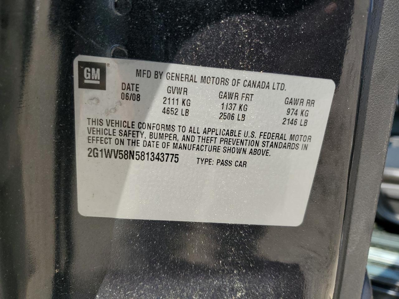 2008 Chevrolet Impala 50Th Anniversary VIN: 2G1WV58N581343775 Lot: 66445745