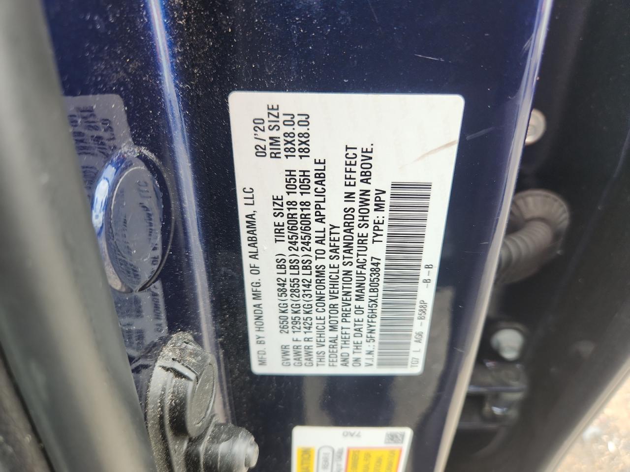 2020 Honda Pilot Exl VIN: 5FNYF6H5XLB053847 Lot: 64276985