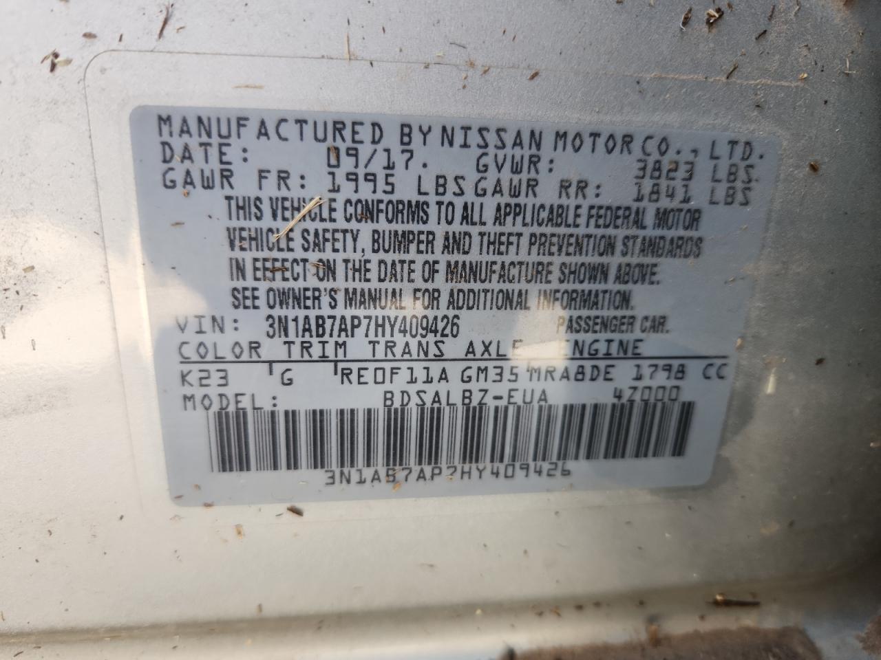 2017 Nissan Sentra S VIN: 3N1AB7AP7HY409426 Lot: 63851315