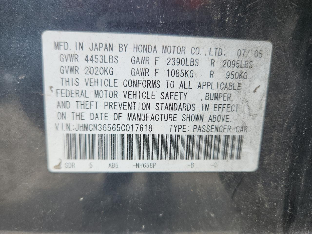 2005 Honda Accord Hybrid VIN: JHMCN36565C017618 Lot: 64677975