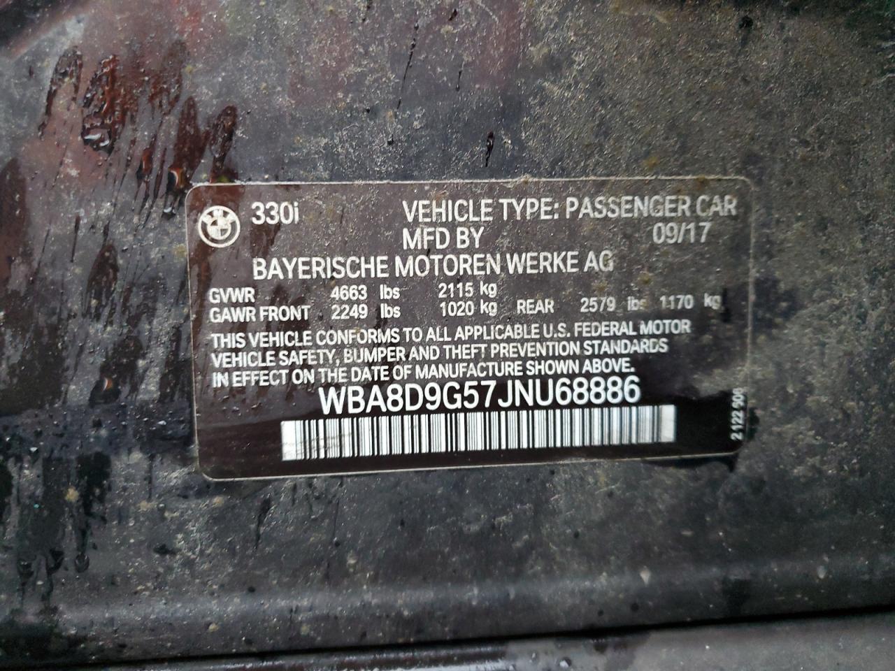 2018 BMW 330 Xi VIN: WBA8D9G57JNU68886 Lot: 64442825