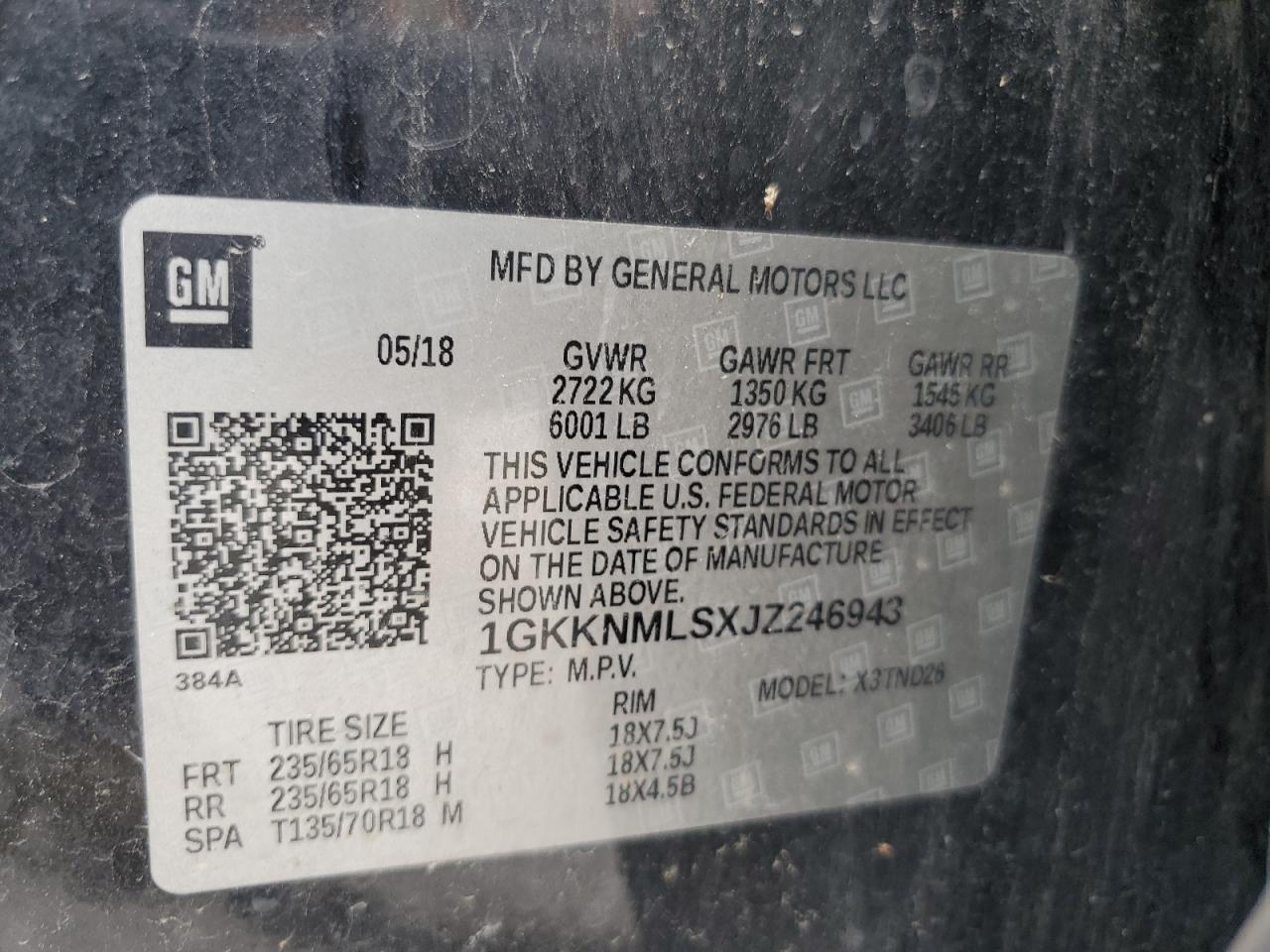 2018 GMC Acadia Slt-1 VIN: 1GKKNMLSXJZ246943 Lot: 63239905