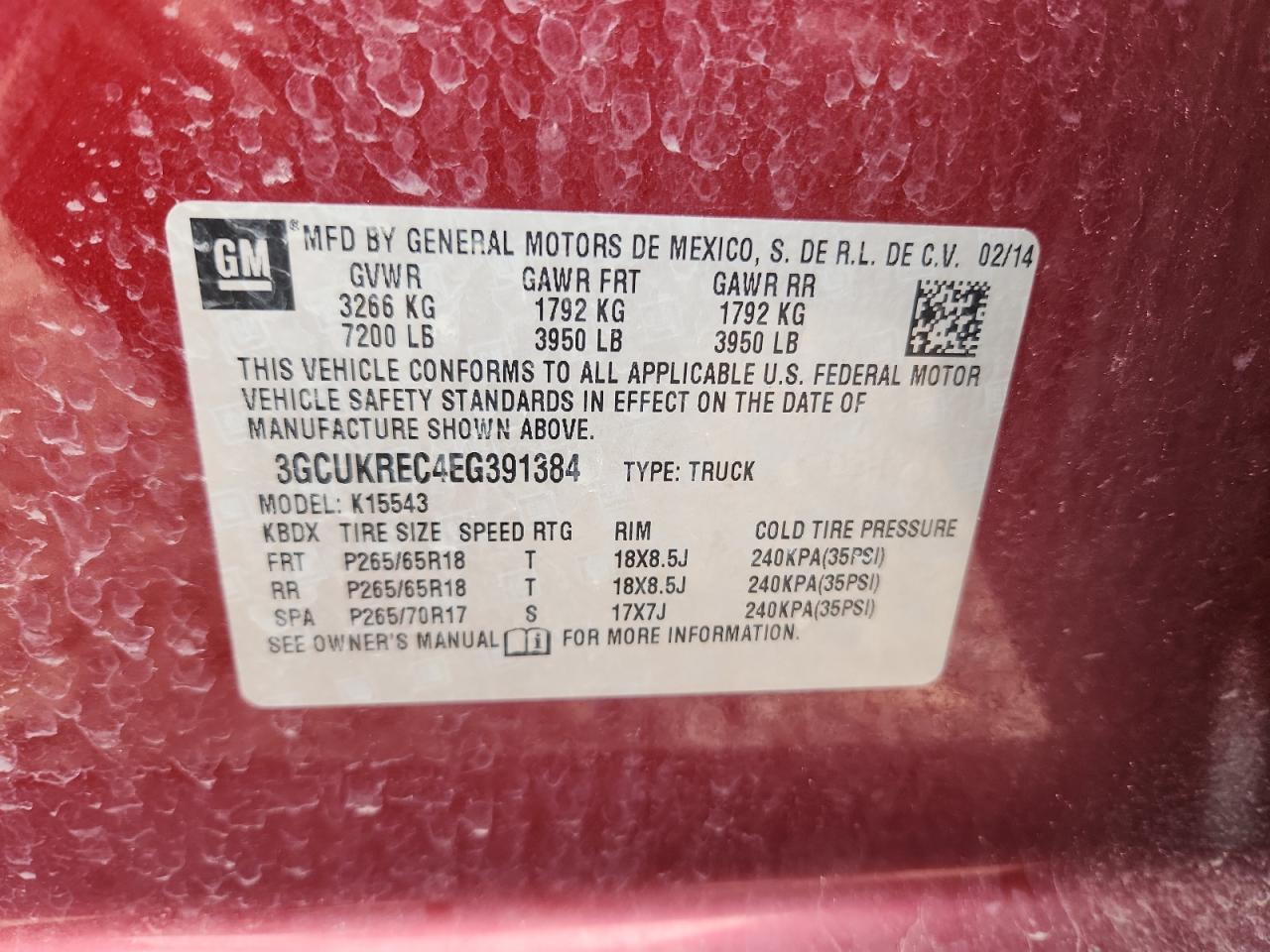 2014 Chevrolet Silverado K1500 Lt VIN: 3GCUKREC4EG391384 Lot: 65116285
