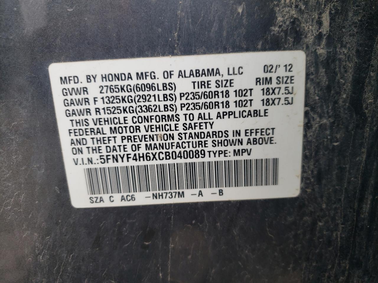 2012 Honda Pilot Exl VIN: 5FNYF4H6XCB040089 Lot: 65044165