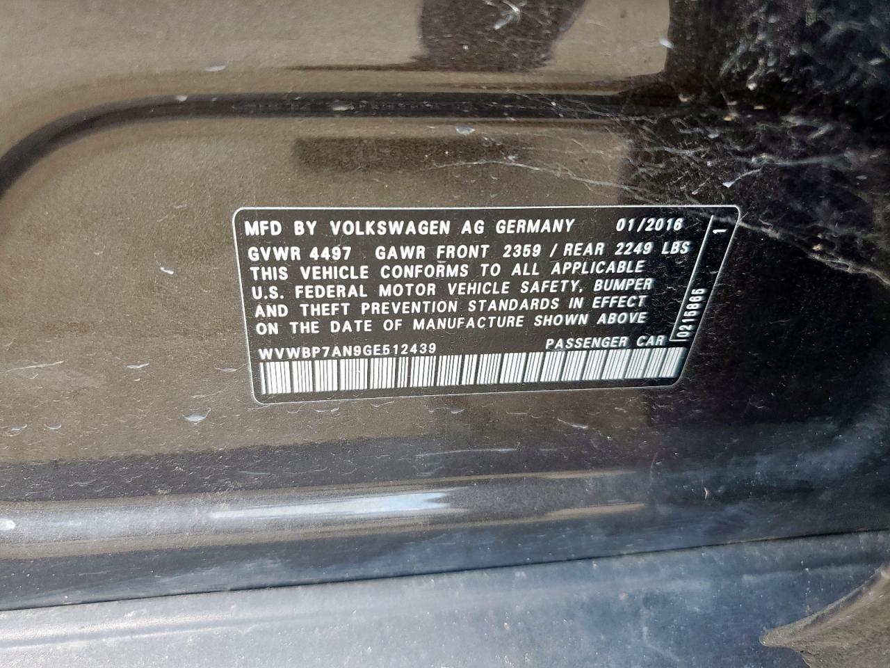 2016 Volkswagen Cc Base VIN: WVWBP7AN9GE512439 Lot: 63992605